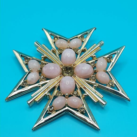 Vintage Maltese Cross Brooch, Pink Cabochons Gray Rhinestones Signed MX233 - Picture 6 of 10